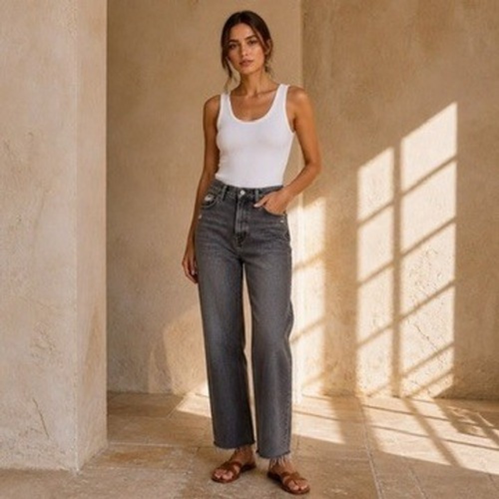 Etica Devon Wide Leg Jeans Women 24 Gray High Rise Distressed Raw Hem